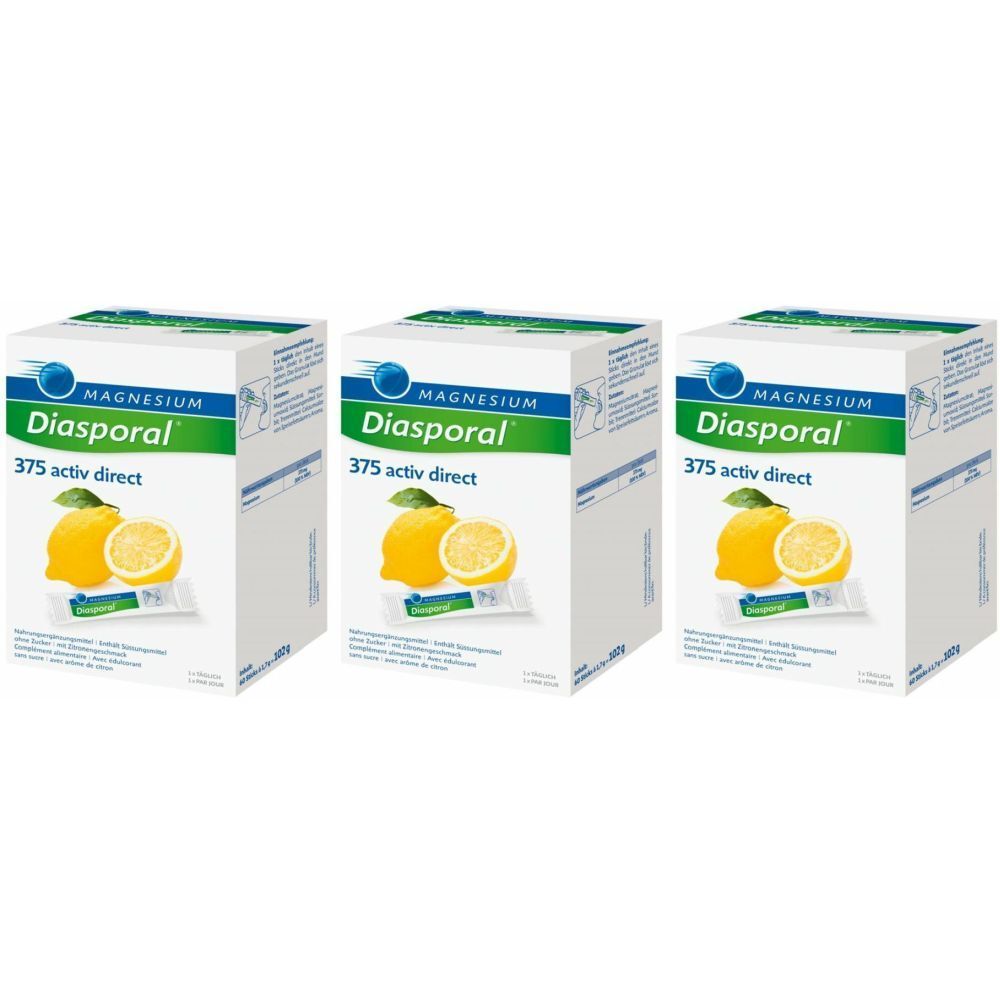 Trois boîtes de Magnesium Diasporal 375 activ direct. Sur chaque boîte : logo, nom du produit, citron et sachet.