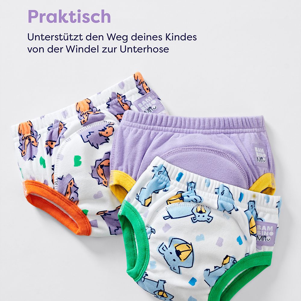 Trois culottes d'apprentissage lavables. Texte : Pratique. Soutient la transition de votre enfant de la couche au slip.