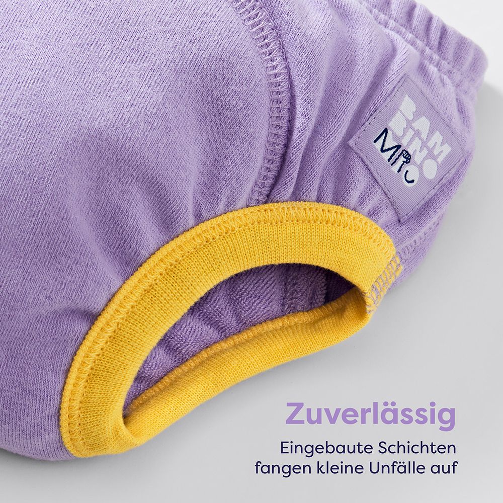 Culotte d'apprentissage, violette avec bord jaune. Texte : Fiable. Couches intégrées pour petits accidents. Logo Bambino Mio.