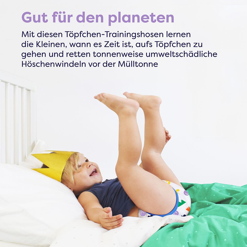 Enfant avec culotte d'apprentissage sur lit. Texte : Bon pour la planète. Apprentissage de la propreté avec ces culottes.