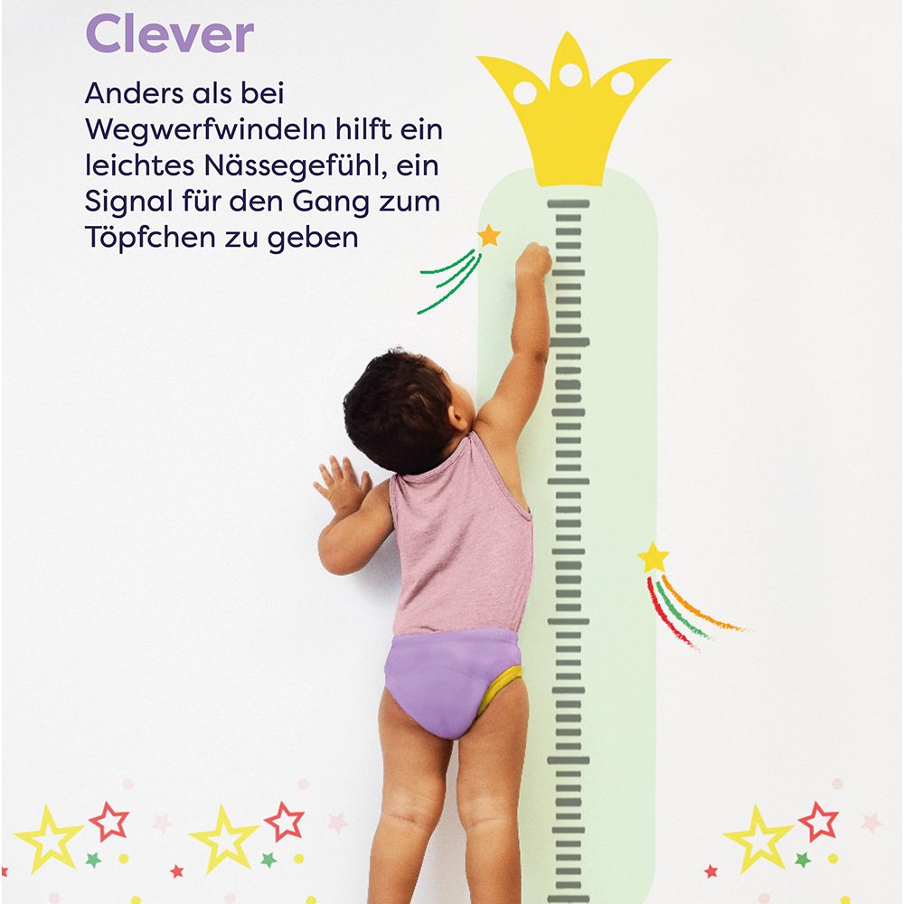 Enfant avec culotte d'apprentissage près d'une toise. Texte : Malin. Aide à ressentir l'humidité, signal pour le pot.