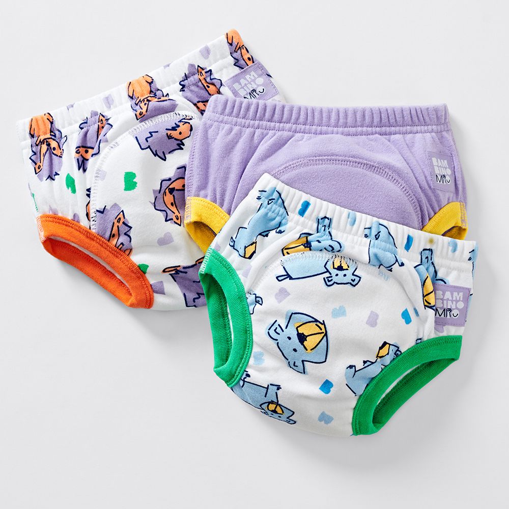 Plusieurs culottes d'apprentissage lavables avec motifs animaux. Couleurs : blanc, violet, orange, vert. Marque : Bambino Mio.