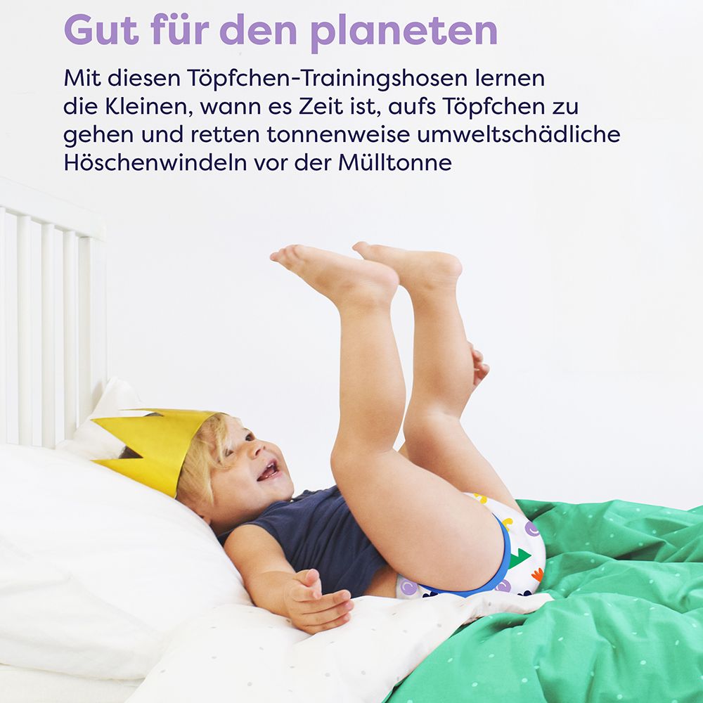 Enfant avec culotte d'apprentissage sur un lit. Texte : Bon pour la planète. Les culottes remplacent les couches.