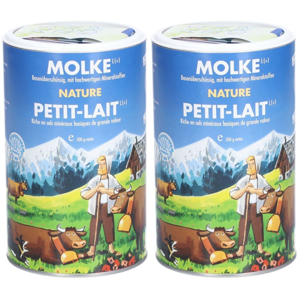 Deux boîtes bleues avec l'inscription MOLKE NATURE PETIT-LAIT. Illustration d'un paysage de montagne avec des vaches et une personne.