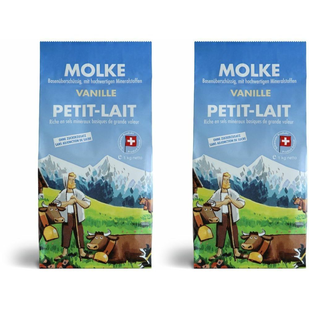 Deux sachets bleus avec l'inscription MOLKE, VANILLE, PETIT-LAIT. Croix suisse. Illustration d'un fermier avec des vaches et des montagnes.