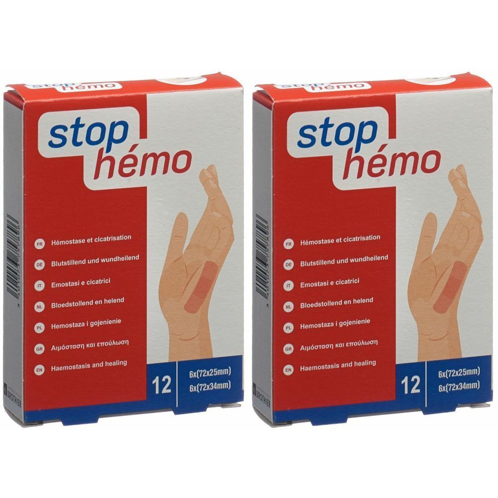 Deux boîtes de pansements STOP HEMO. Emballage rouge et blanc avec nom du produit et image d'une main avec un pansement.