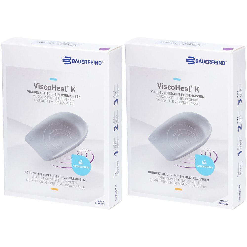 Deux boîtes de coussinets de talon ViscoHeel K de Bauerfeind. Inscription : Correction des défauts du pied.