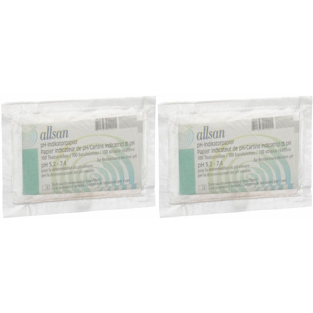 Deux paquets de papier indicateur de pH. Inscription : allsan pH-Indikatorpapier, pH 5.2-7.4. Chaque paquet contient 100 bandelettes.