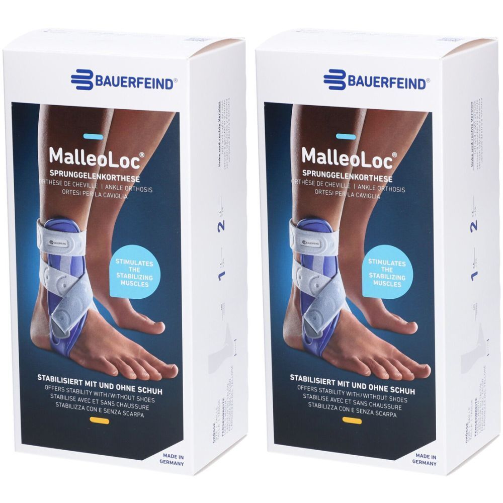 Deux boîtes de l'orthèse BAUERFEIND MalleoLoc®. Impression : pied avec orthèse, nom du produit, taille 1, stabilisation avec/sans chaussure.