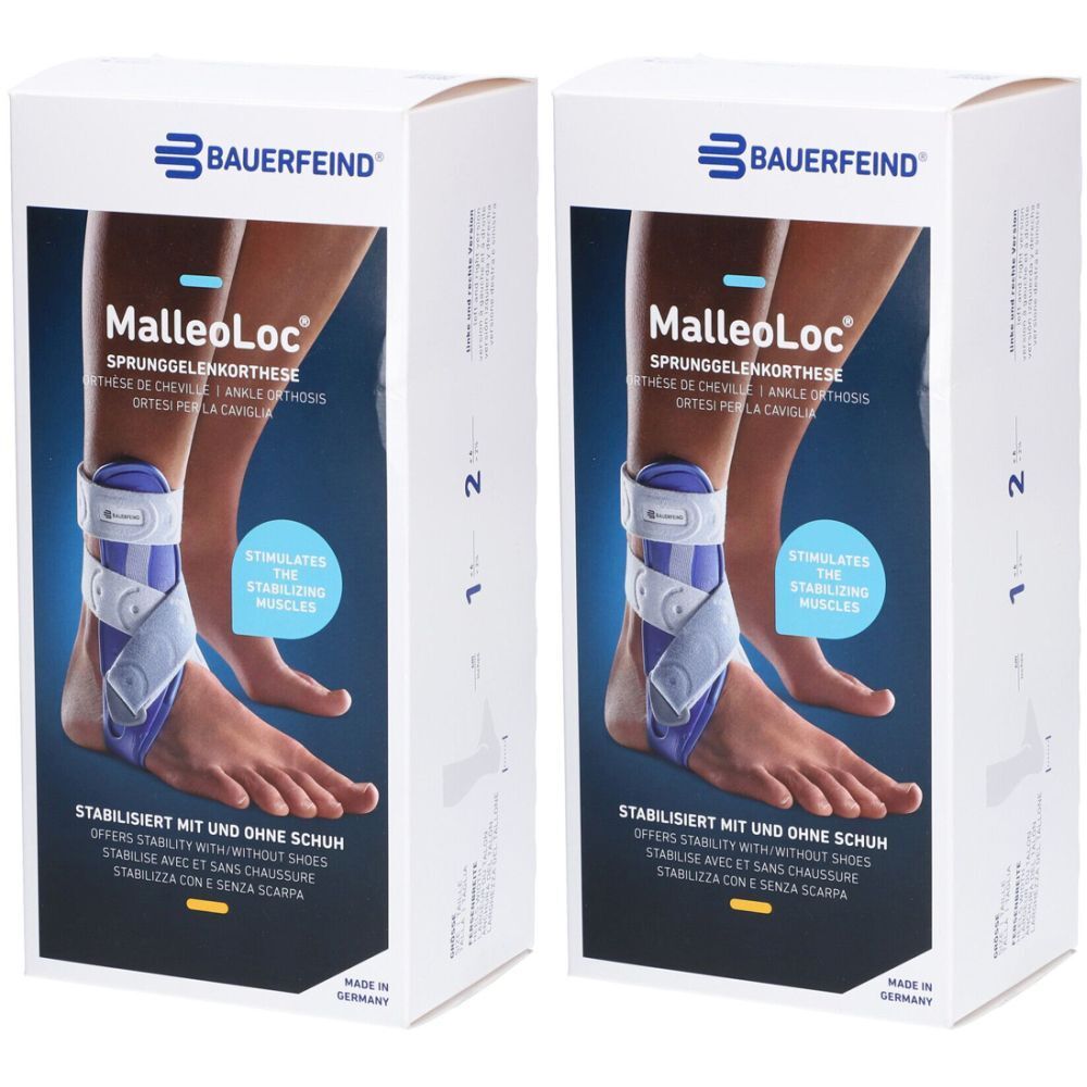 Deux boîtes de l'orthèse de cheville BAUERFEIND MalleoLoc. Taille 2, gauche. Inscription : Stabilise avec et sans chaussures. Fabriqué en Allemagne.