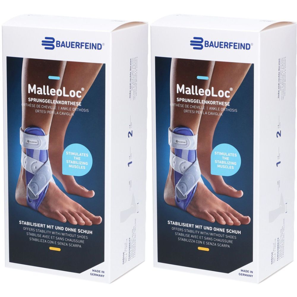 Deux boîtes d'orthèse de cheville. Inscription : BAUERFEIND, MalleoLoc, orthèse de cheville. Un pied avec une orthèse est illustré. Taille 2.