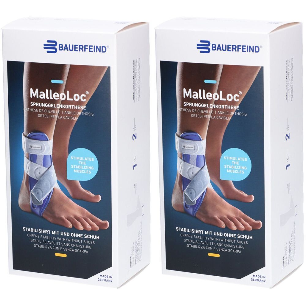 Deux boîtes d'orthèse de cheville. Impression: Bauerfeind MalleoLoc, orthèse de cheville. Illustration d'un pied avec orthèse. Texte: Stabilise avec et sans chaussures.