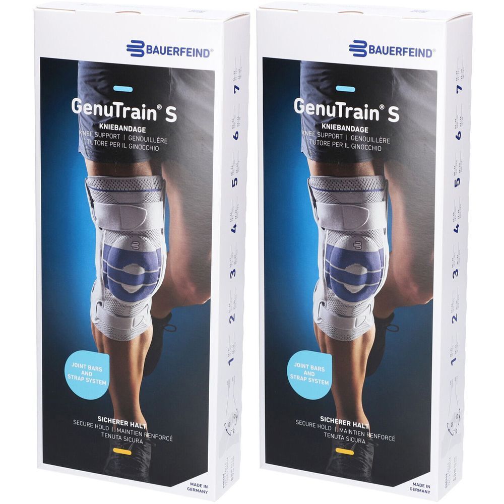 Deux boîtes de l'orthèse de genou GenuTrain S de Bauerfeind. L'emballage montre un genou avec l'orthèse.