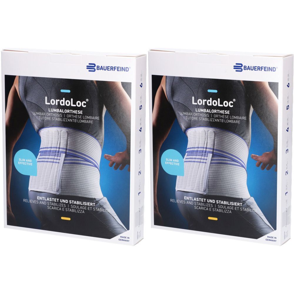 Deux boîtes de l'orthèse lombaire LordoLoc. Marque : BAUERFEIND. Inscription : Soulage et stabilise.
