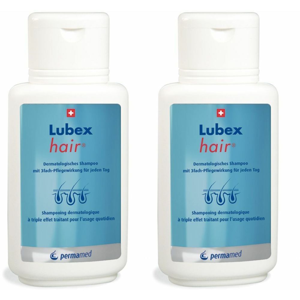 Deux flacons blancs de shampooing LUBEX hair. Sur l'étiquette bleue : nom du produit, croix suisse, texte en allemand et français.
