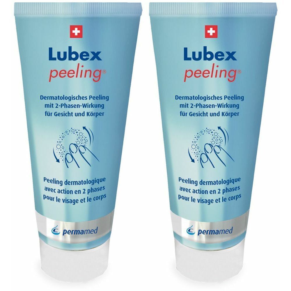 Deux tubes de LUBEX peeling. Bleu clair, bouchon blanc. Texte en allemand et français. Croix suisse.
