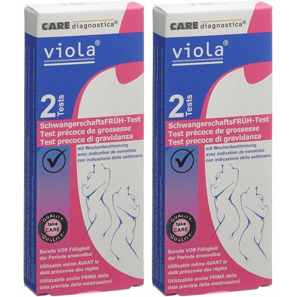 Deux boîtes de test de grossesse VIOLA®. Emballage rose et blanc avec nom du produit, 2 tests et indication de grossesse. Logo CARE diagnostica.