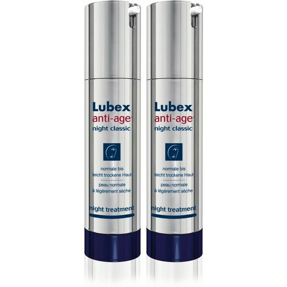 Deux flacons argentés avec bases bleues. Inscription : Lubex anti-age night classic. Pour peaux normales à légèrement sèches.
