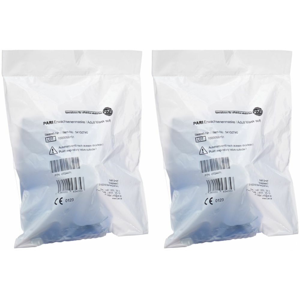 Deux masques PARI pour adultes dans un emballage plastique. Informations produit et marquage CE imprimés.