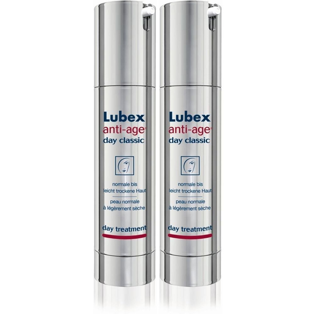Deux flacons argentés avec "Lubex anti-age day classic". Texte en allemand et français. "Day treatment" en bas.