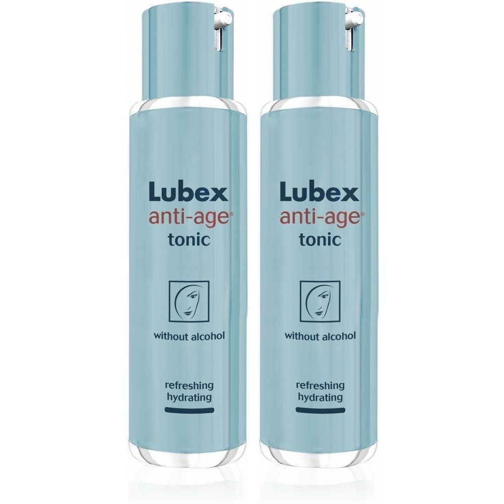 Deux flacons de LUBEX Anti-Age Tonic. Flacons bleu clair avec texte blanc. Inscription : sans alcool, rafraîchissant, hydratant.