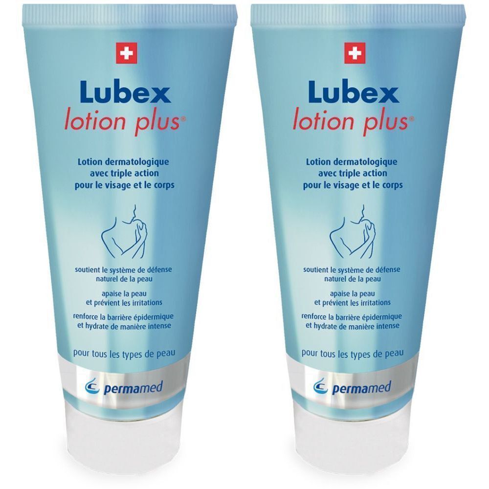 Deux tubes de LUBEX lotion plus. Emballage bleu clair avec croix rouge et texte. Lotion dermatologique avec triple action.