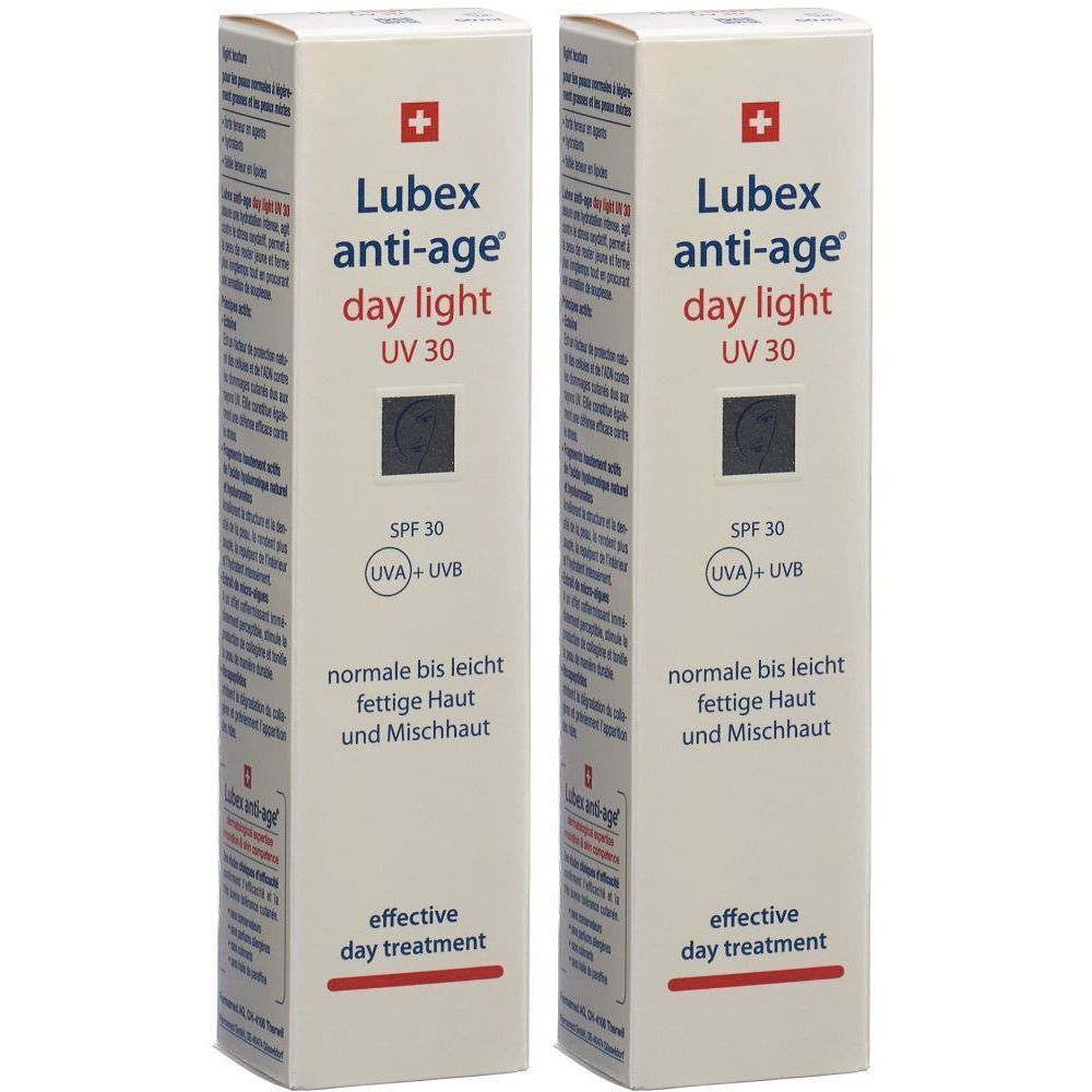 Deux boîtes rectangulaires avec informations produit. Inscription: Lubex anti-age day light UV 30, SPF 30.