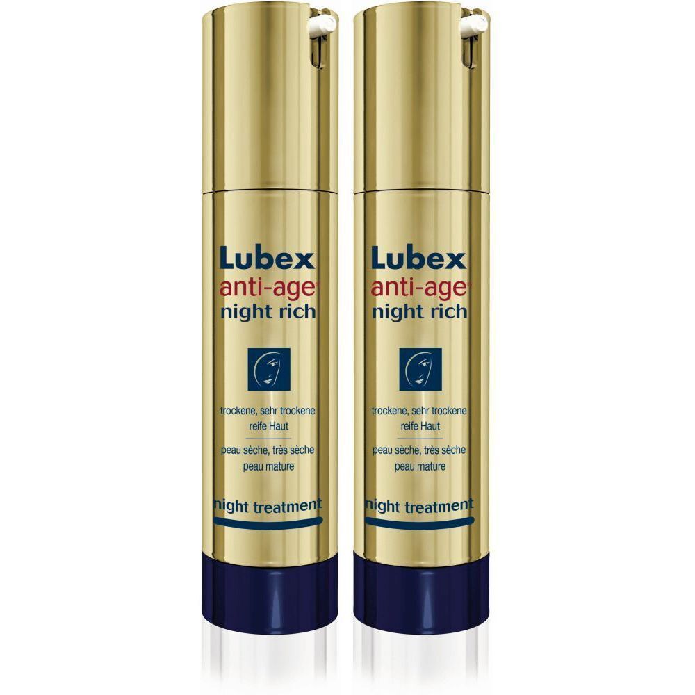 Deux flacons dorés avec l'inscription "Lubex anti-age night rich". Base bleue, distributeur blanc.