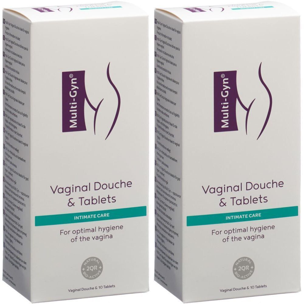 Deux boîtes de MULTI-GYN® Vaginal Douche & Tablets. Boîtes blanches avec logo et texte violets. Pour une hygiène vaginale optimale.