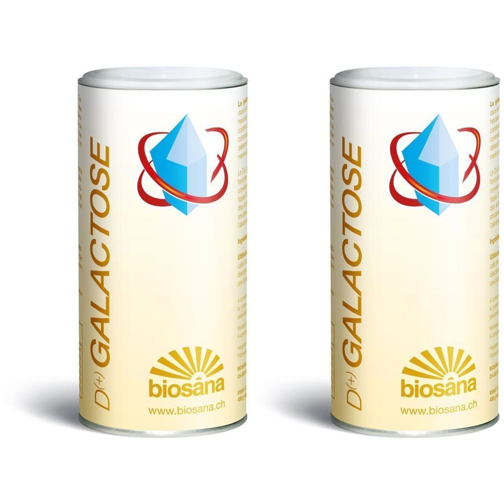 Deux boîtes cylindriques avec étiquette blanche. Inscription: D(+) Galactose. Logo: cristal bleu, anneau rouge, rayon de soleil doré. Marque: biosana.