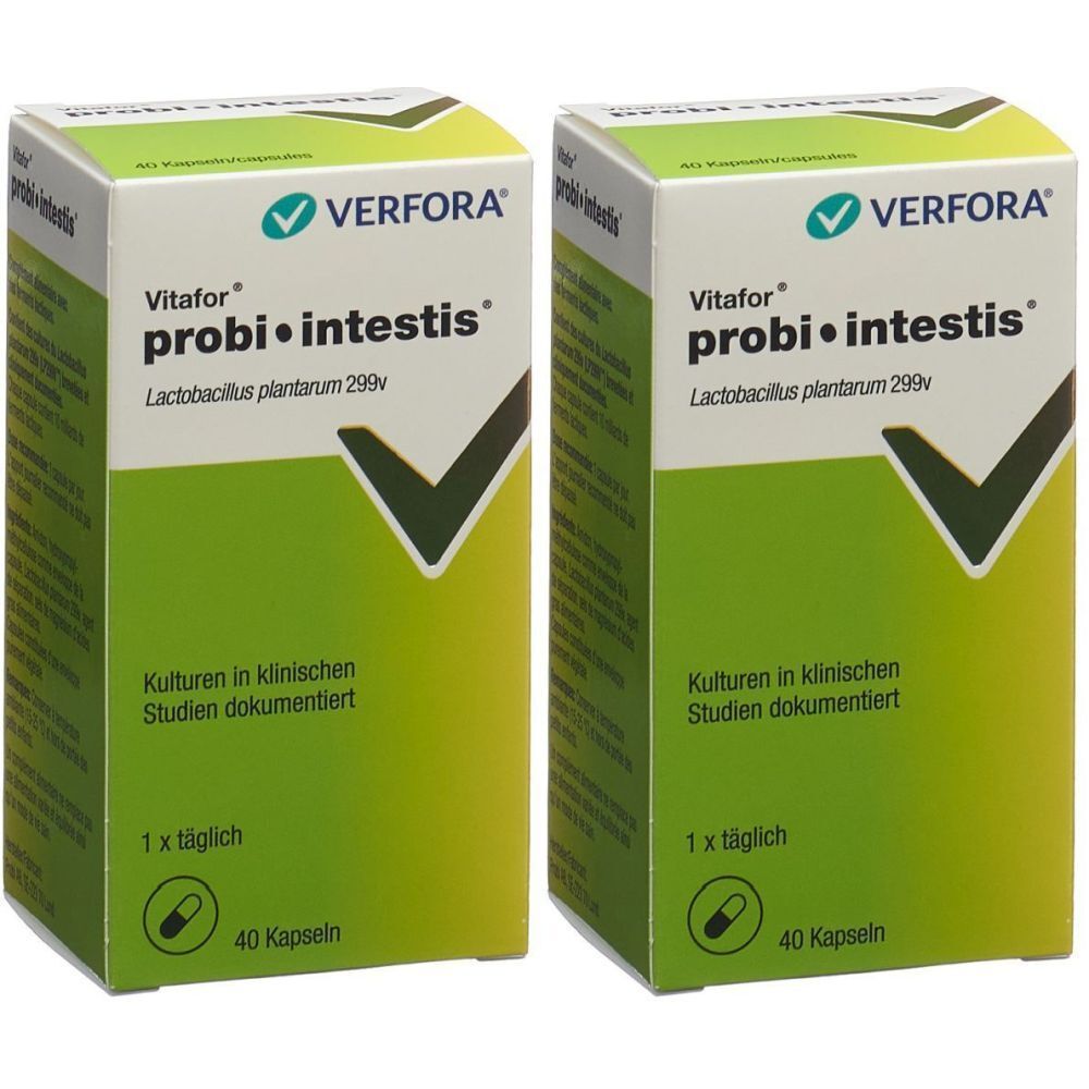 Deux boîtes de VERFORA Vitafor probi•intestis. Emballage vert et blanc avec nom et logo. Contient 40 gélules.