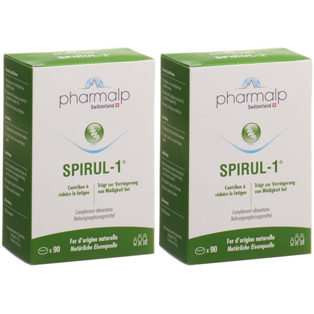 Deux boîtes rectangulaires avec "pharmalp Switzerland" et "SPIRUL-1". Texte en allemand et français. Couleurs vert et blanc.