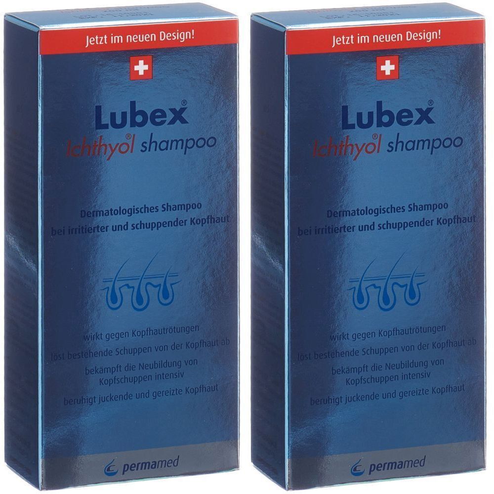 Deux boîtes de shampooing Lubex Ichthyol. Emballage bleu avec bande rouge. Texte: Shampooing dermatologique.