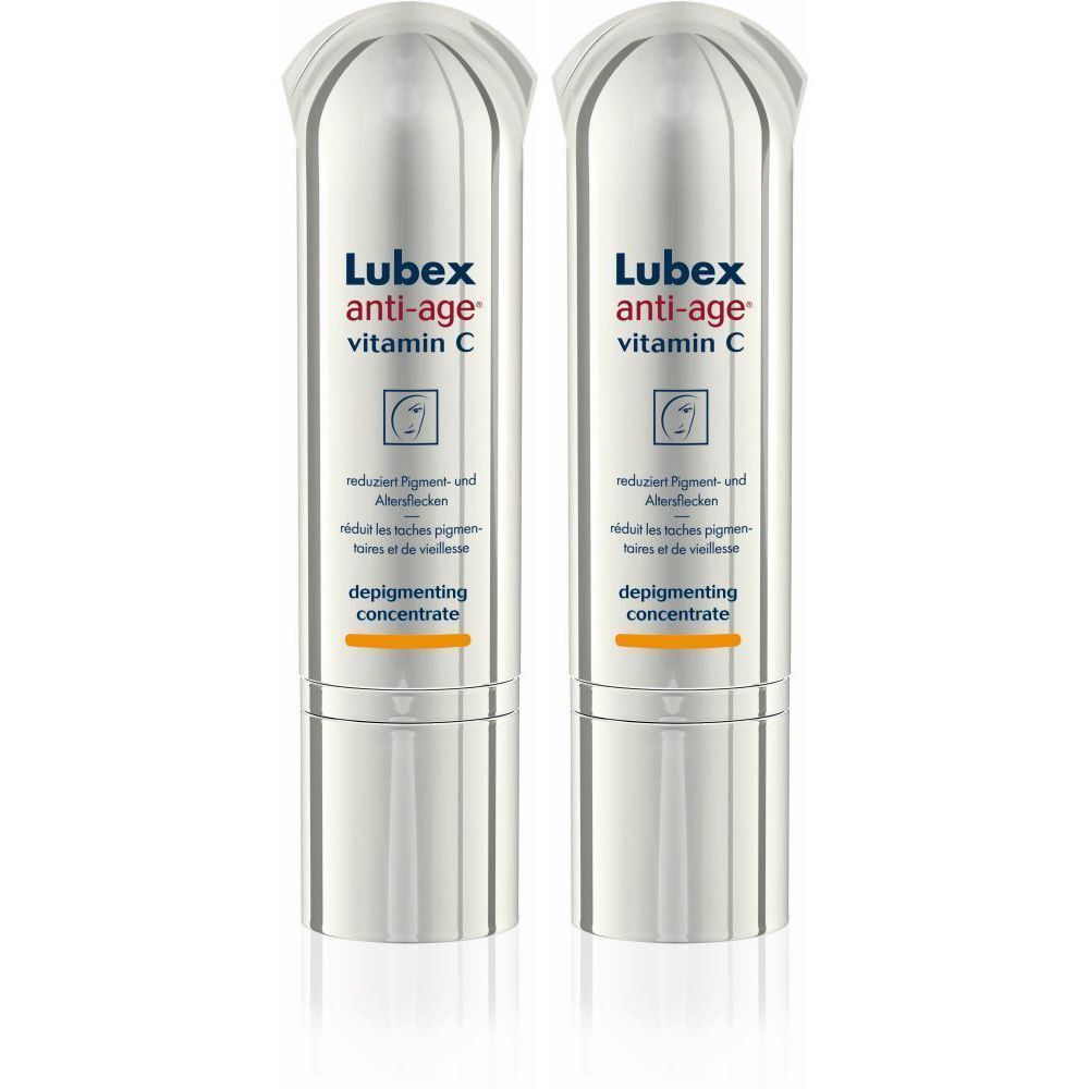 Deux flacons argentés avec bouchon blanc. Inscription : Lubex anti-age vitamin C. Texte : réduit les taches pigmentaires et de vieillesse, depigmenting concentrate.