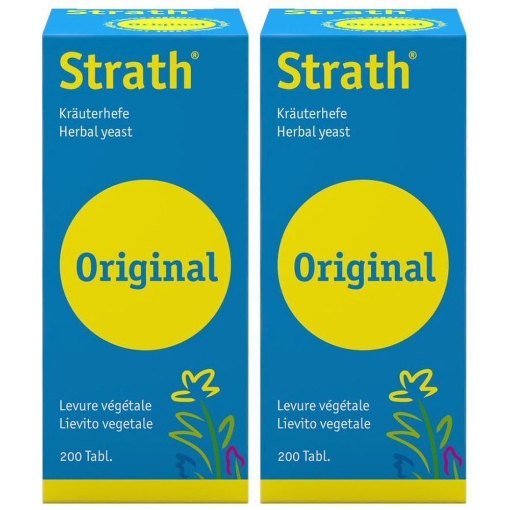 Deux boîtes bleues avec cercles jaunes et texte. Inscription : Strath, Levure végétale, Original, 200 Tabl. et Lievito vegetale.