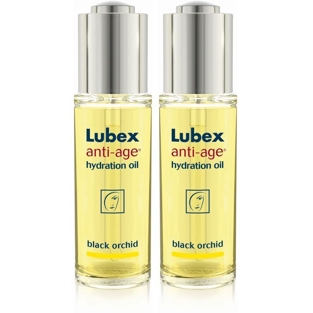Deux flacons d'huile d'hydratation LUBEX Anti-âge®. Flacons en verre transparent avec bouchons argentés. Inscription : LUBEX anti-age hydration oil, black orchid.