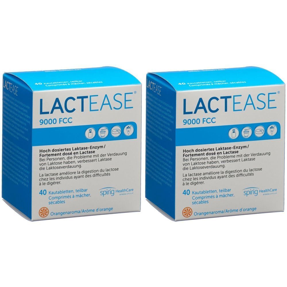 Deux boîtes carrées bleues. Inscription: LACTEASE 9000 FCC. Texte en allemand et français. 40 comprimés à mâcher.