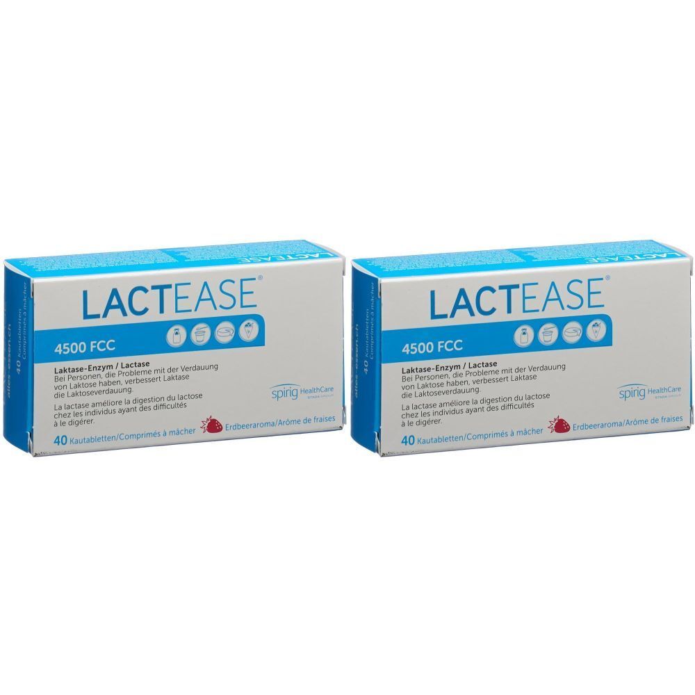 Deux boîtes rectangulaires avec "LACTEASE 4500 FCC". Emballage bleu et blanc avec texte et logos.