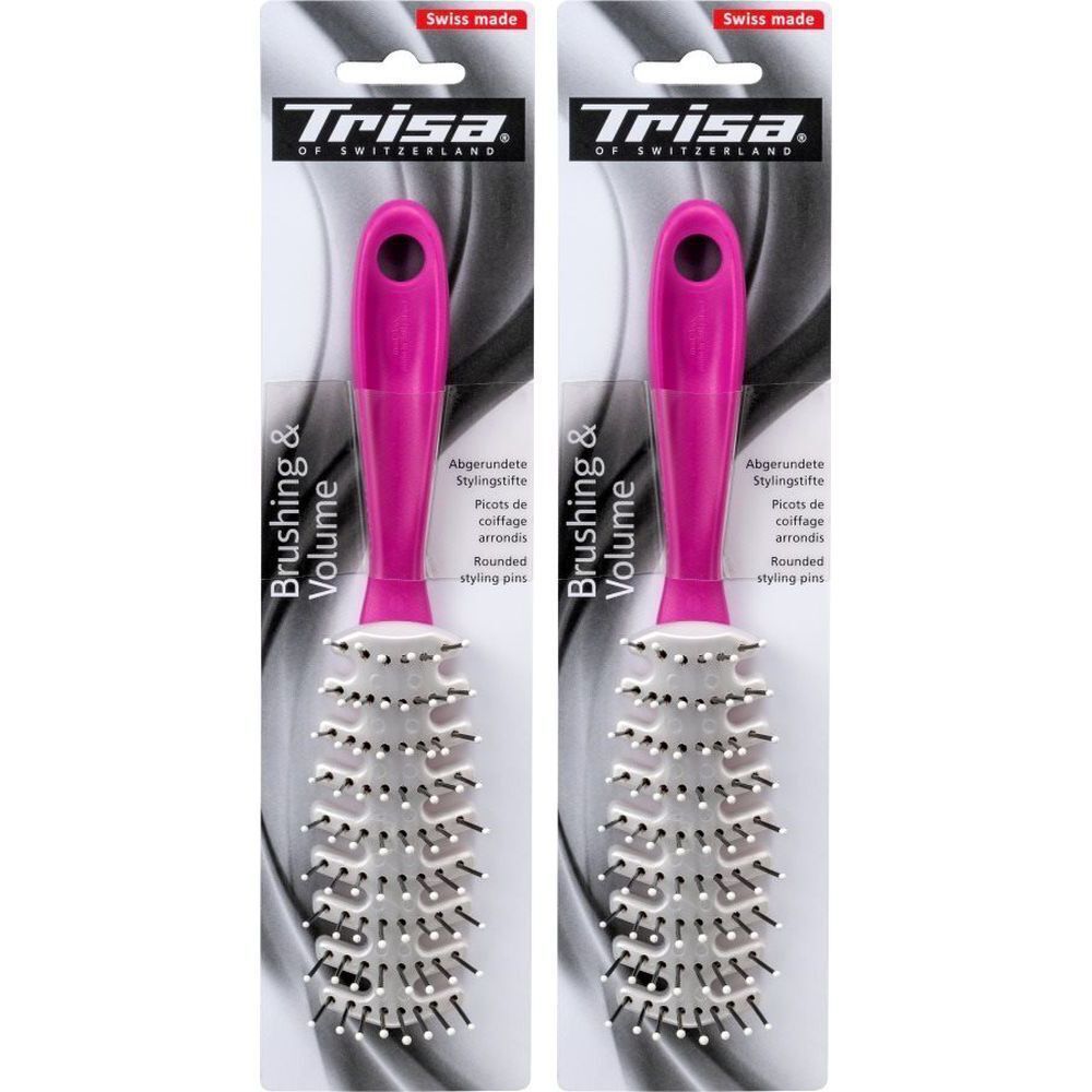Deux brosses à cheveux de coiffage dans leur emballage. Manche rose, tête de brosse blanche avec des picots noirs. Marque : Trisa.