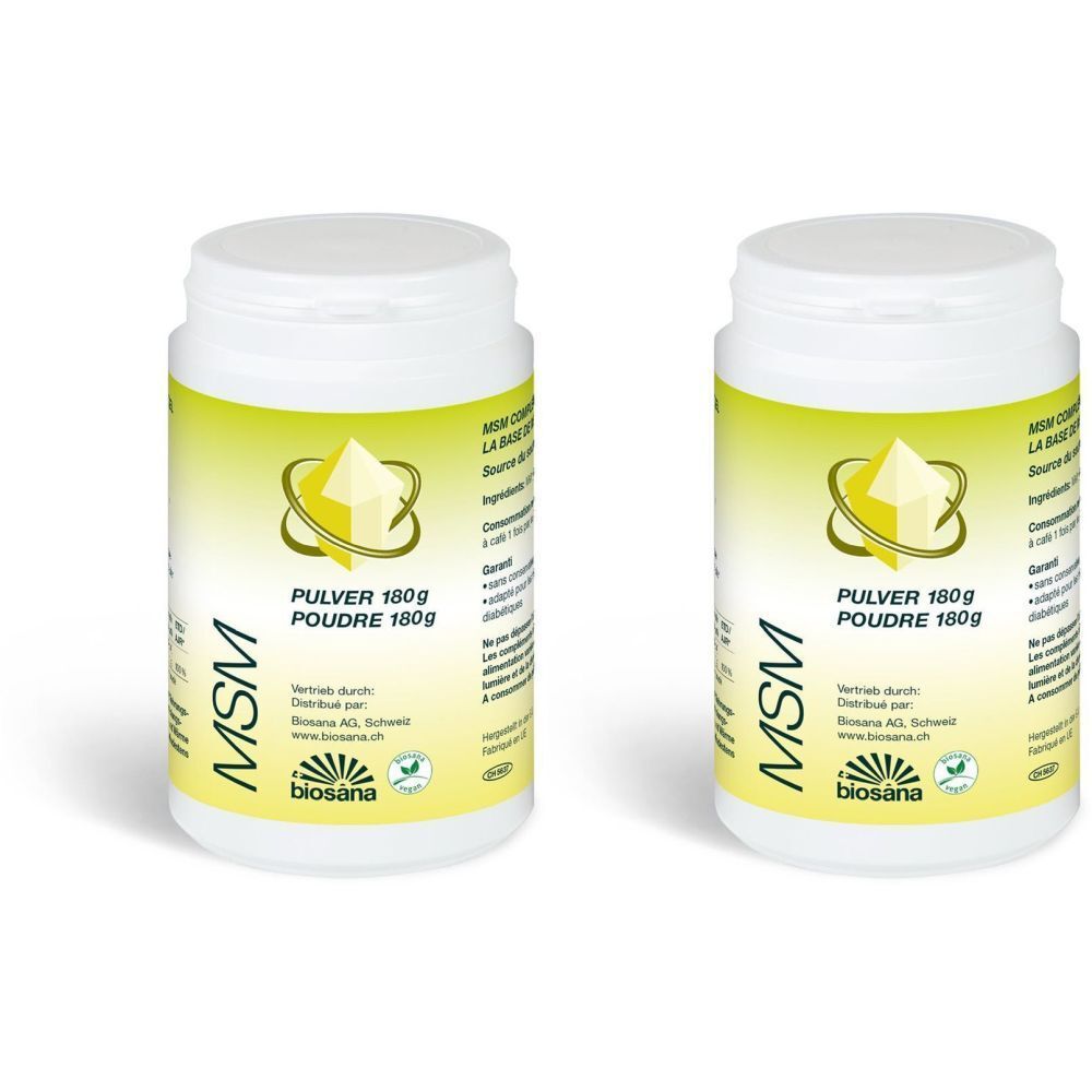 Deux pots blancs avec bouchons à vis. Chaque pot porte l'inscription "MSM Pulver 180g" et le logo Biosana.