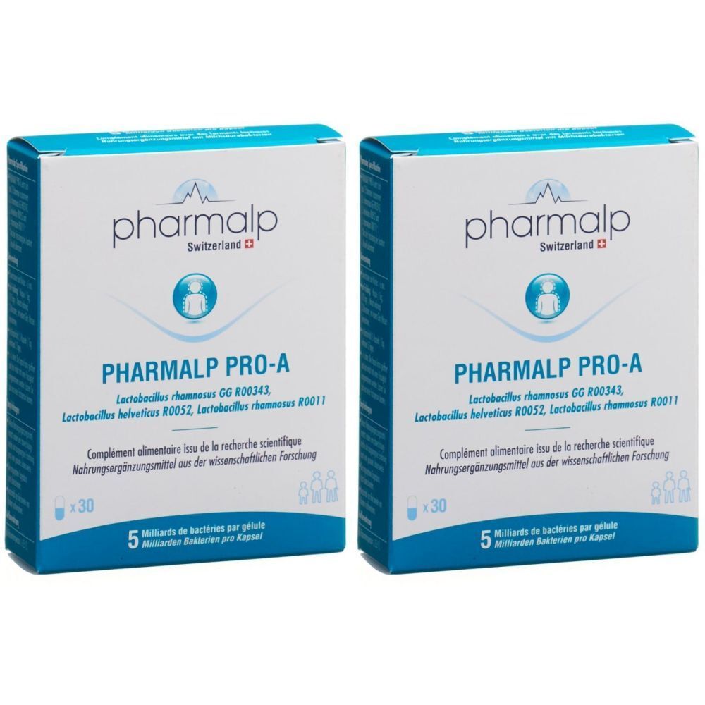 Deux boîtes de PHARMALP PRO-A. Emballage bleu et blanc avec logo et informations sur le produit. Contient 30 gélules.