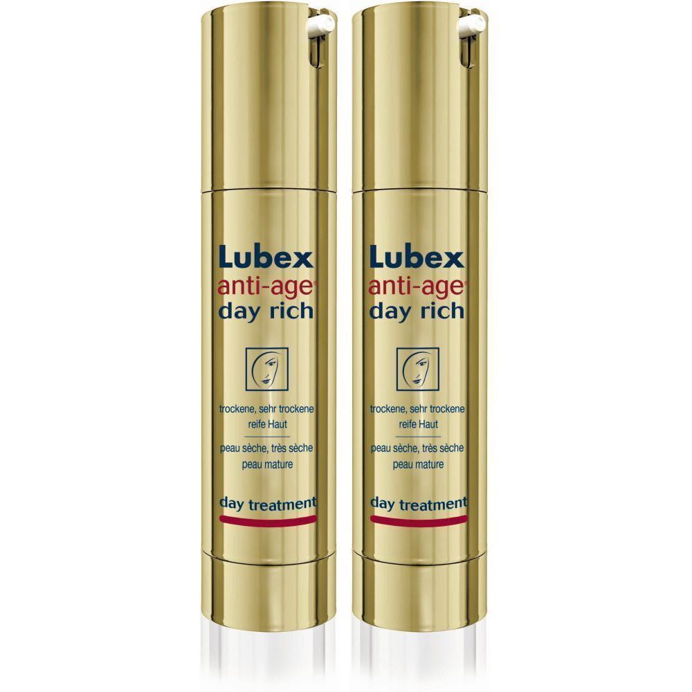 Deux flacons dorés avec bouchon blanc. Inscription : Lubex anti-age day rich. Texte en allemand, français.