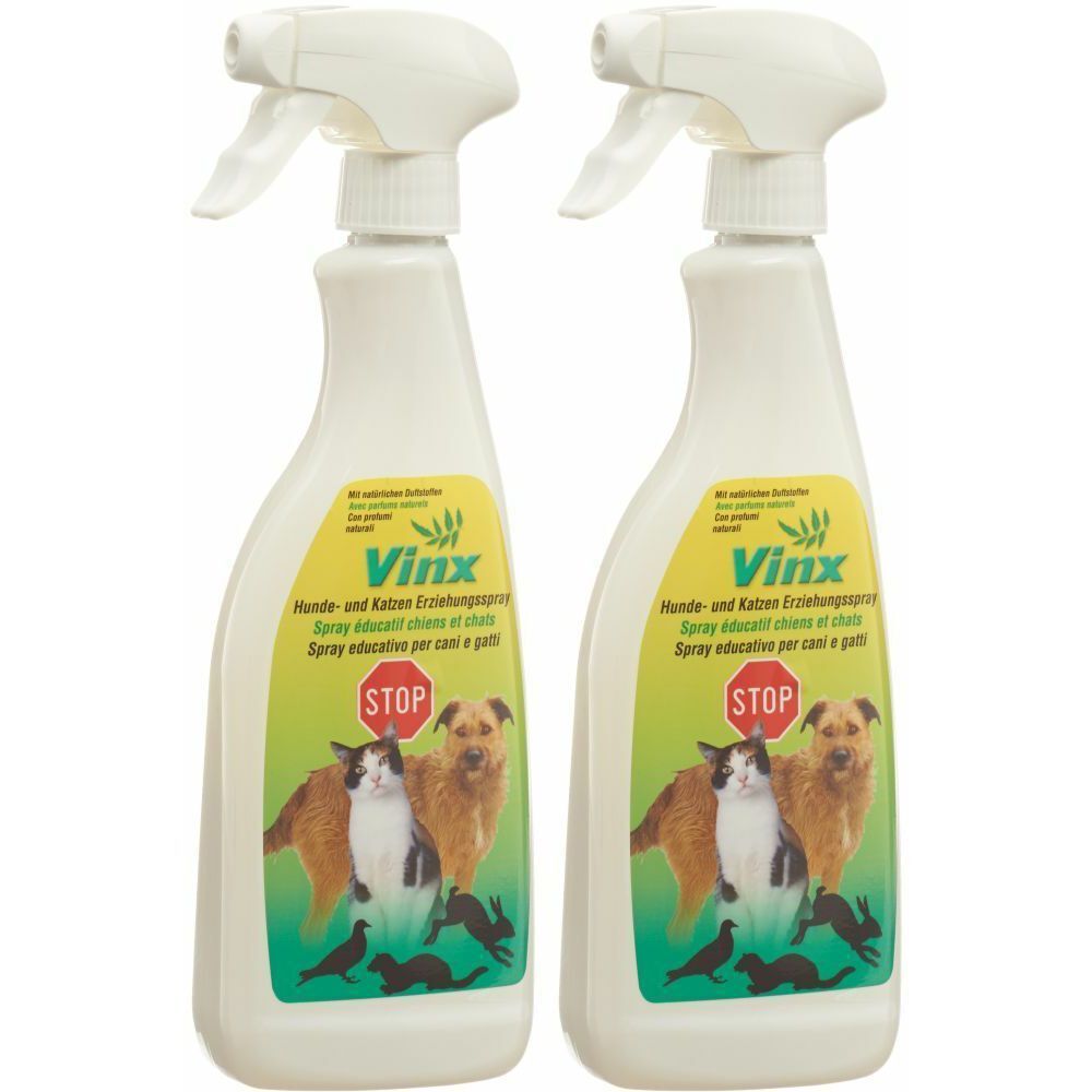 Deux flacons pulvérisateurs blancs avec étiquette verte. Inscription Vinx, spray éducatif pour chiens et chats. Image d'un chien, d'un chat et d'un lapin.