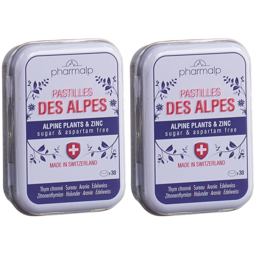 Deux boîtes métalliques rectangulaires avec "pharmalp PASTILLES DES ALPES". Croix suisse. Texte : Alpine Plants & Zinc, sans sucre et aspartame.