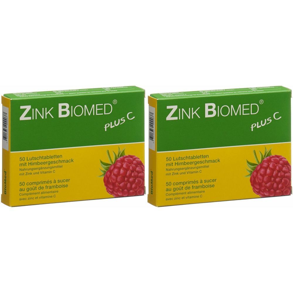 Deux boîtes de comprimés à sucer Zink Biomed Plus C. Emballage vert et jaune avec une image de framboise et des informations.