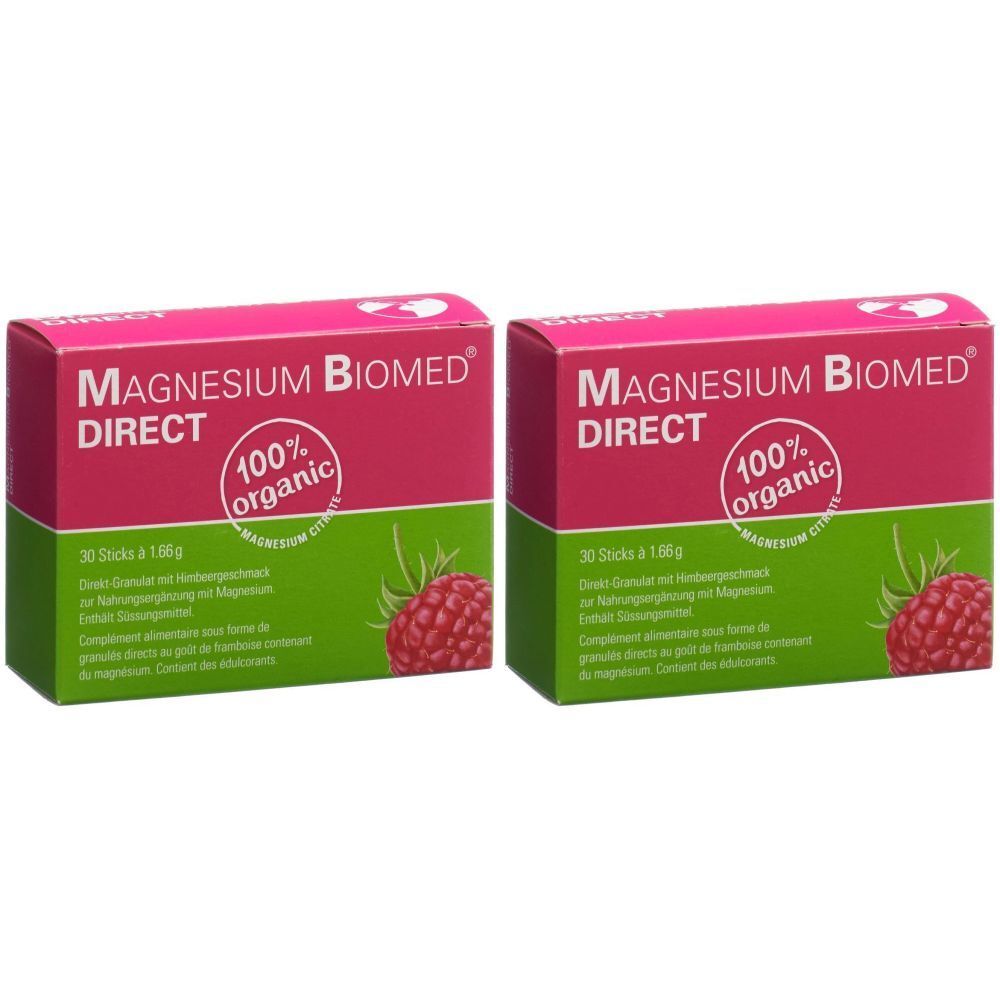 Deux boîtes de MAGNESIUM BIOMED® Direkt. Emballages rose et vert avec nom du produit et label 100% organic. Illustration de framboise.