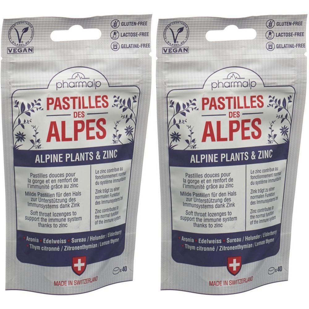 Deux sachets de pastilles. Inscription : "pharmalp PASTILLES DES ALPES ALPINE PLANTS & ZINC". Vegan, sans gluten, sans lactose, sans gélatine.