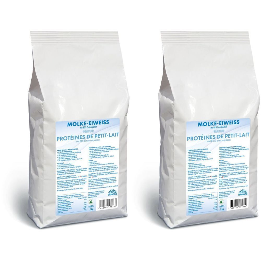 Deux sachets blancs avec l'inscription MOLKE-EIWEISS et PROTEINES DE PETIT-LAIT. Étiquettes avec informations et code-barres.
