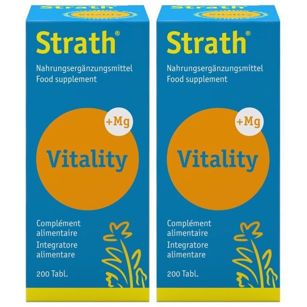 Deux boîtes bleues "Strath Vitality". Complément alimentaire avec "+Mg" et "200 Tabl.".