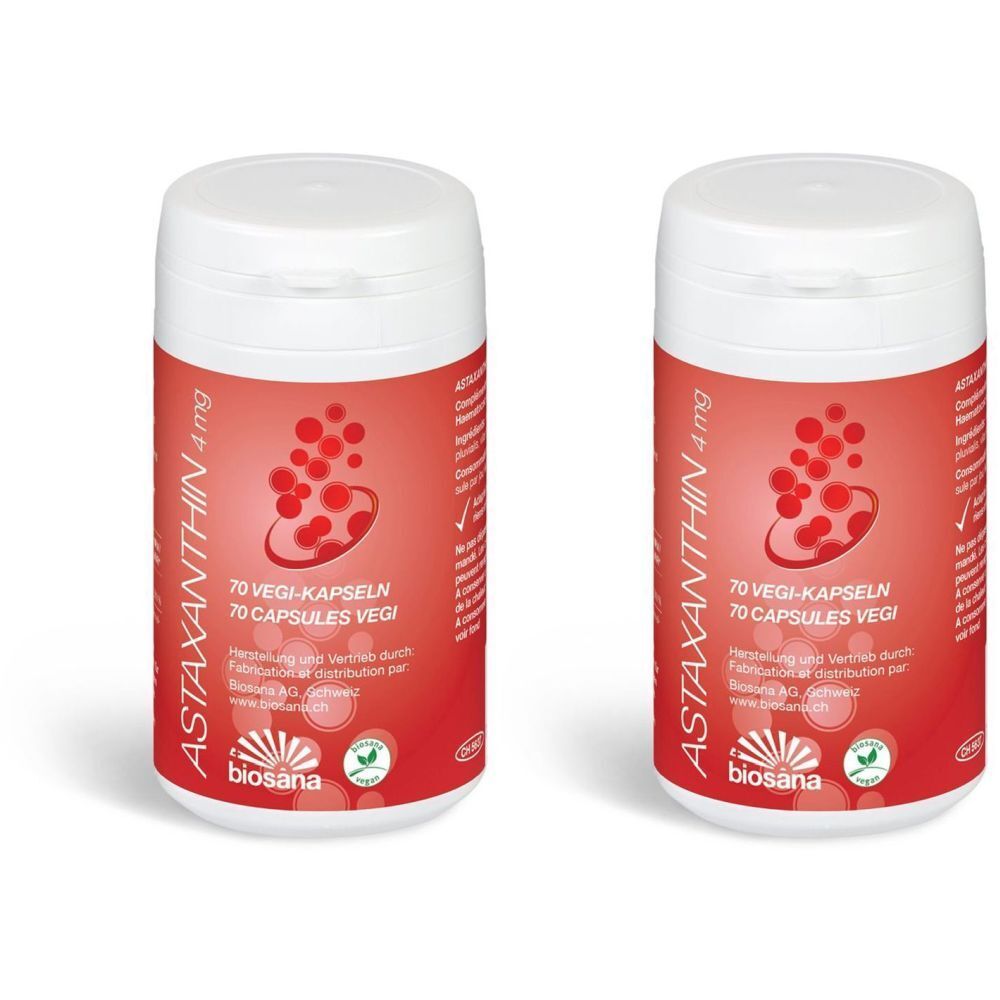 Deux flacons blancs avec étiquette rouge. Inscription: ASTAXANTHIN 4mg, 70 VEGI-KAPSELN, biosana. Illustration de cercles rouges.